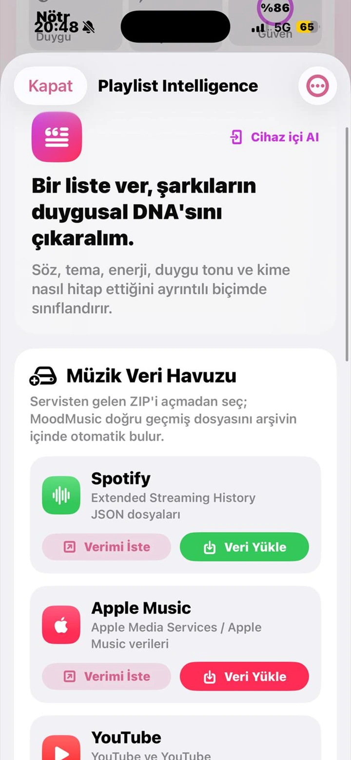 MoodMusic Playlist Intelligence ekranı