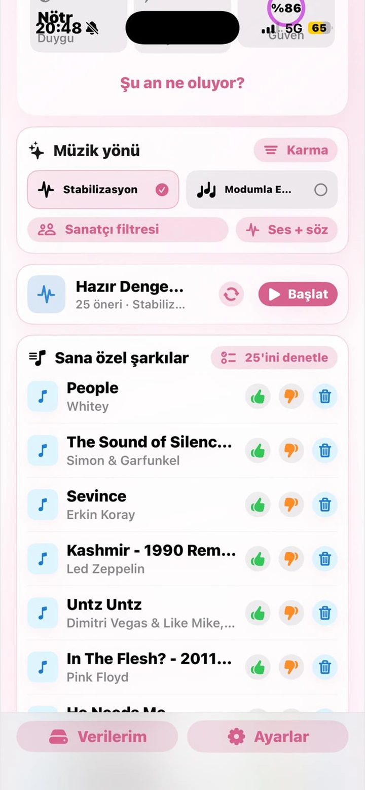 MoodMusic 25 şarkılık öneri ekranı