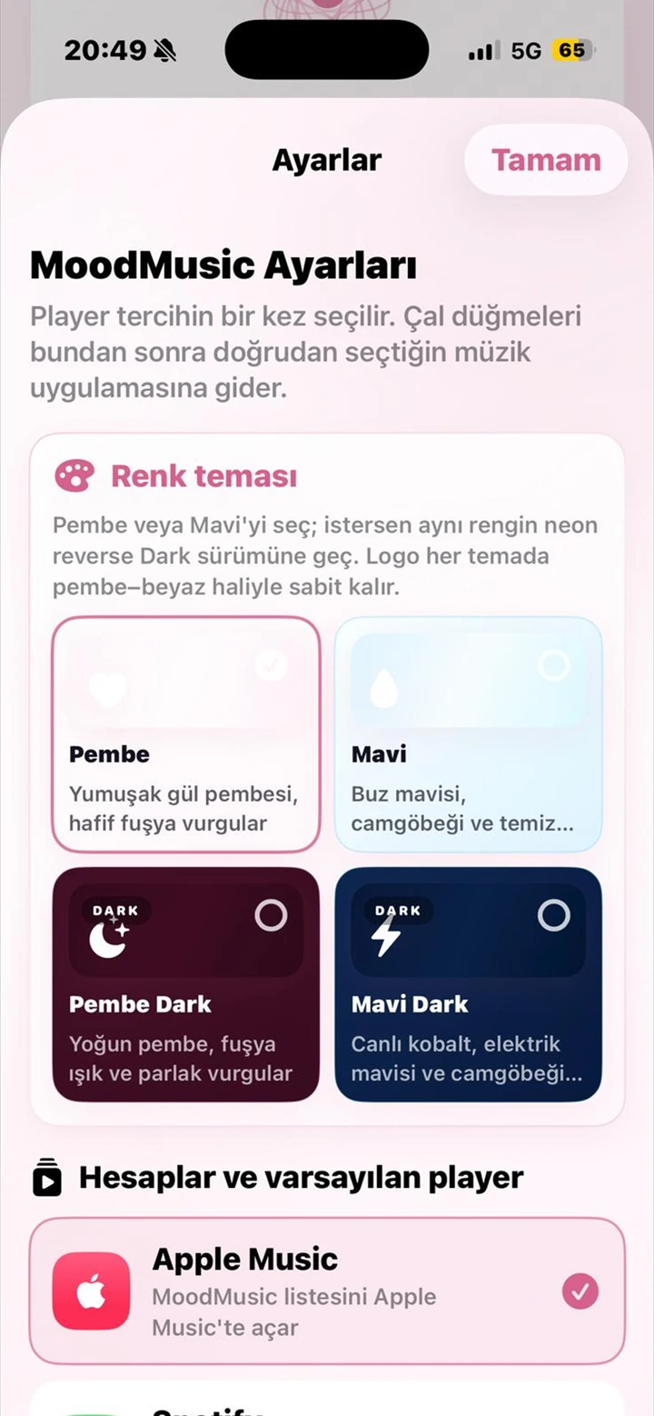 MoodMusic ayarlar, tema ve müzik sağlayıcısı ekranı
